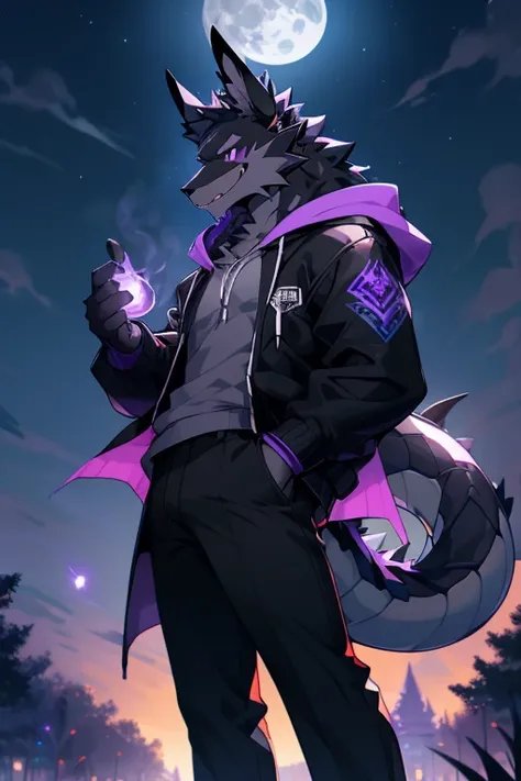 Furry black wolf, purple eyes, muscular, dragon horn, dragon tail, wearing black jacket, with hoodie, wearing gray shirt, wearing long black pants, standing in the park, smiling, looking at the sky, grassy park, middle night, full moon, sky foggy, casting ...