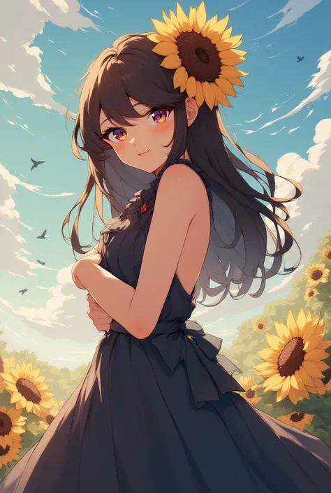 Brunette girl,  Long hair , Sunflowers in her hair, sad smile, vintage,  long dress , Sky background, clouds, birds, style 3d
