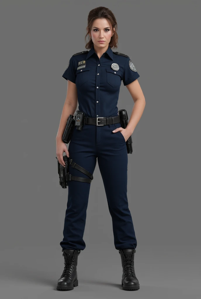 Full body picture of a 27 Years female police officer, sexy body, big hips, brunette haIr color, wear police officer clothes and black shoes, medium short hair, ponytail hairstyle