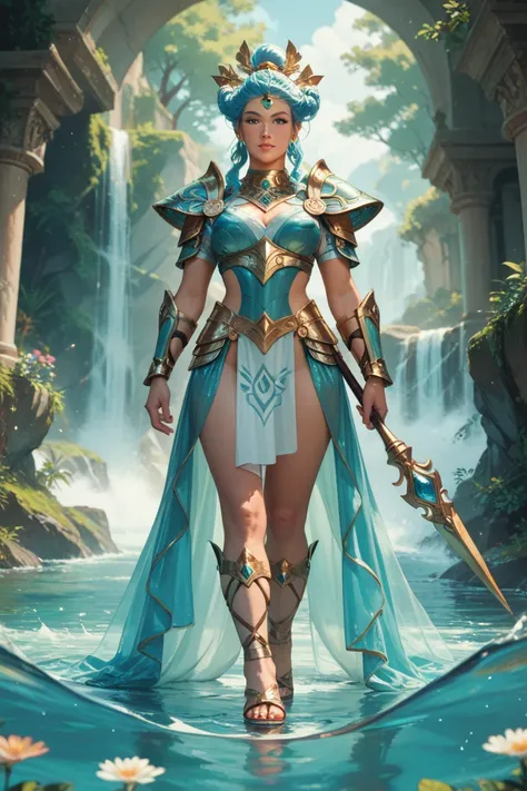 Water goddess wearing armor with details of scales and flippers