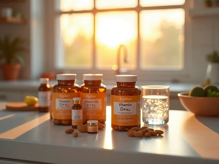 A modern kitchen counter, illuminated by soft morning light, is neatly arranged with several bottles of supplements. In the center, there is a sleek bottle labeled “Vitamin D3 + K2,” representing the perfect combination for bone and cardiovascular support....