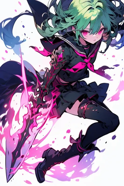 Manami, green hair, pink eyes, seifuku, black stockings, boots, wielding any weapon