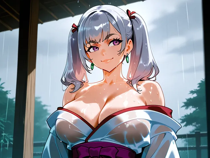 noelle silva,1girl,solo,smile,twintails,purple eyes, earrings,jewelry,grey hair,long hair, japanese clothing, white kimono, off shoulders, haori, big breasts, grey sky, rain, cinematic light, wet body, high Resolution, 8K