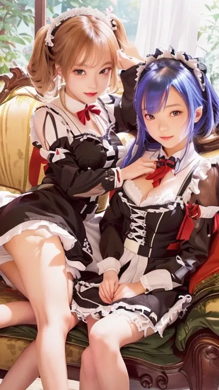 girls in maid uniforms sitting on a couch, rem rezero,  maids riding early tanks, loli, loli in dress,  girl in a maid costume, gorgeous maid, , pixiv 3dcg, maid, a sexy maid in a magical forest, top rated on pixiv, girls, | fine detail 