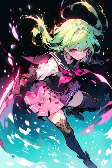 Manami, green hair, pink eyes, seifuku, black stockings, boots, wielding any weapon