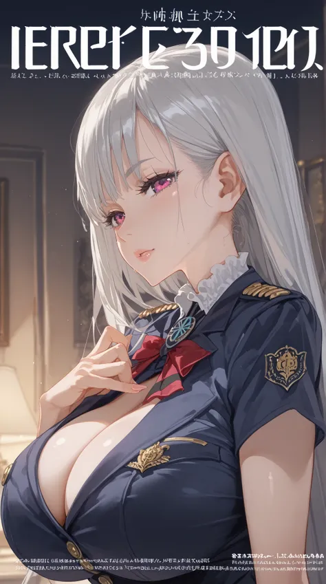 Close-up: A beautiful woman in a polis uniform with huge breasts that look like they might spill out is seducing at 警察の取調室. She opens the front of her uniform to emphasize her cleavage.((Cover one eye with hair))、dimly lit interrogation room、Interrogation