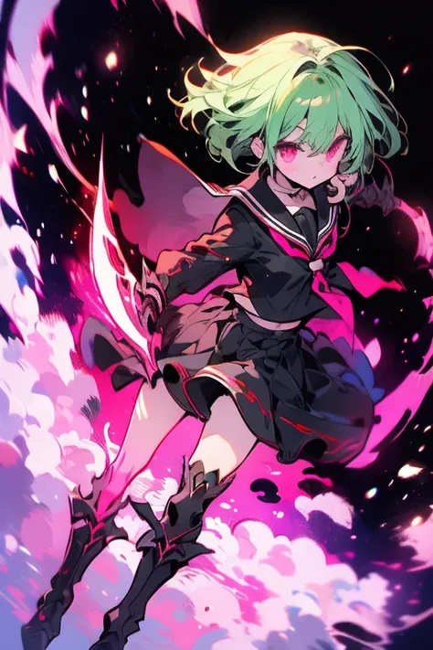 Manami, green hair, pink eyes, seifuku, black stockings, boots, wielding any weapon