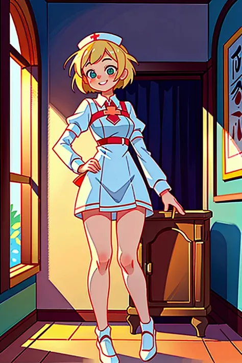 (masterpiece, best quality) 1 girl (Landscape: standing, indoor, intricate detail, sunlight) (Outfit: nurse costume) (Body: white blonde short hair, green eyes, teen gorgeous body, gorgeous legs, lovely, pronounced breast, smiling