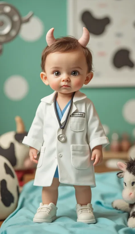 Make a baby boy wearing a doctors uniform ,cute cow treating background for operating room