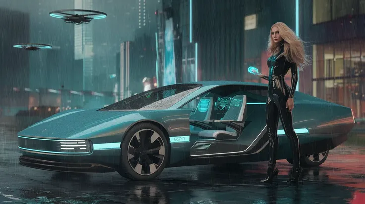 A cyberpunk car, metallic with a woman