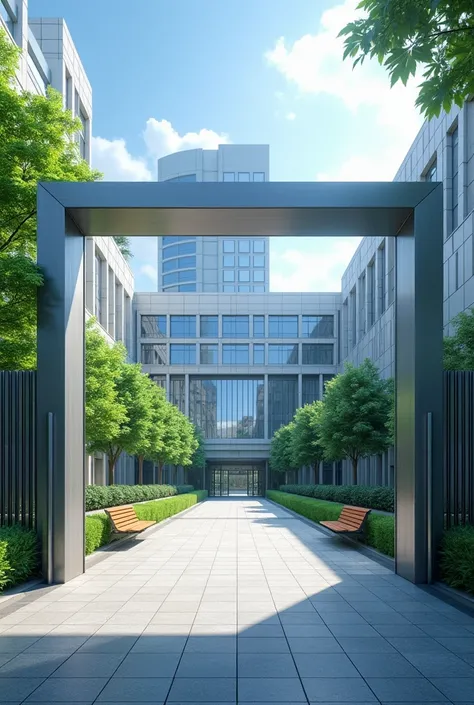  Create an image of a modern Japanese school from 2020, and the open school gate in front 