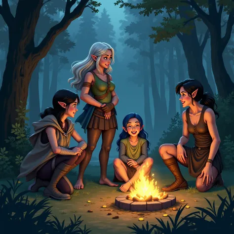  In a magical forest at dusk ,  a group of five characters gathers around a campfire .  An elf with silver hair stands on her back ,  while an athletic human with dark brown hair accompanies . In front of them,  a girl with blue hair and scales on her fore...