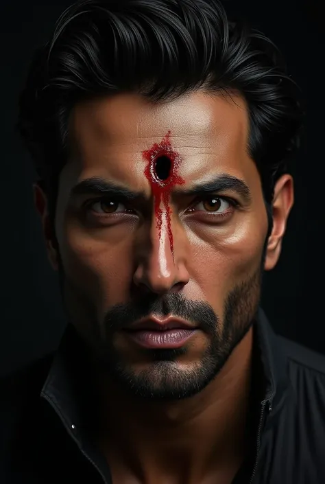 Actor Vidyut Jamwal with realistic bullet wound in the middle of the forehead between the eyes