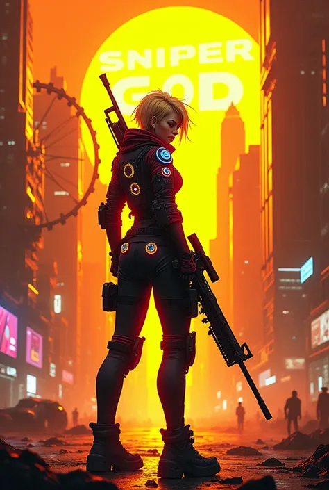 A dynamic digital artwork of a futuristic sniper character standing with their back turned, holding a sleek sniper rifle. The character has stylish platinum blond hair, wearing a cyberpunk outfit with glowing neon accents, including intricate circular patt...