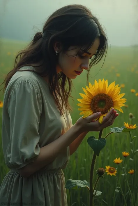 crying woman, Finding a wilted sunflower, 