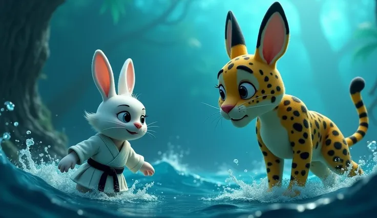 (21) High-quality 5-second video, 3D Pixar style, with vibrant colors and high contrast

Setting:  in a vast ocean ，The atmosphere is tense and dangerous 。

Character Movement: [ from a moving camera ， showing Rabbit and Leopard swimming to the Luminous Is...