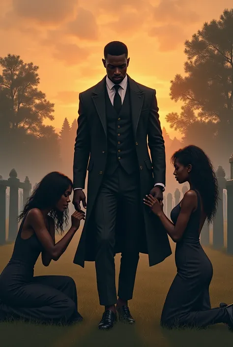 A confident black man walking with an indifferent expression, dressed elegantly, in a cemetery during sunset. Behind him, a very beautiful black woman is kneeling, holding one of his hands with a pleading look, desperate for his attention. The man maintain...