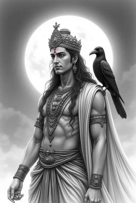 Make a pencil sketch of Lord Shanidev and a crow should be sitting on his shoulder. There should be a moon behind its head. And there should be brightness of dim light. 