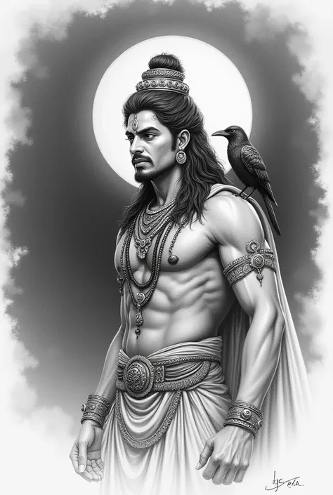 Make a pencil sketch of Lord Shanidev and a crow should be sitting on his shoulder. There should be a moon behind its head. And there should be brightness of dim light. 