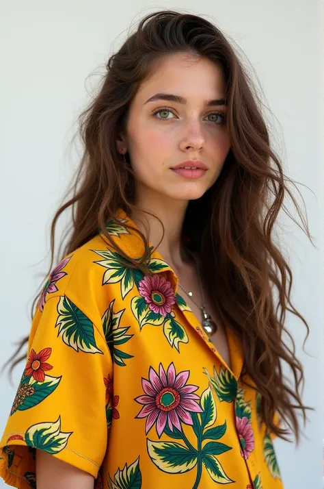 17-year-old brown brunette with wavy hair and green eyes with a guitar body on a white background with a Brazilian shirt