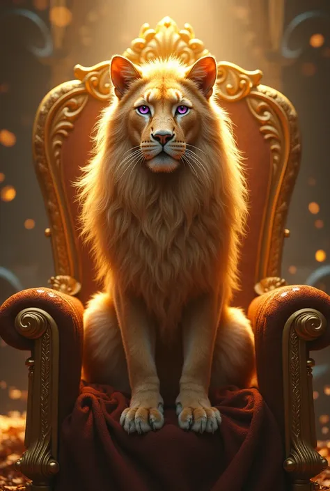 Majestic lion-like cat, Queen of the Cats,  throne,  realistic , dorado, violet eyes, golden mane, golden hair, corona