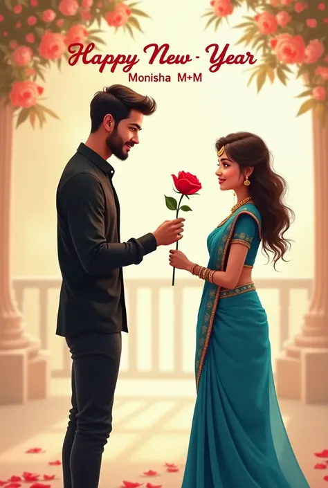 A  handsome boy is proposing to a  beautiful girl with a red rose flower, the boy is wearing a black color shirt-pant and the girl is wearing a blue color saree, and above is written Happy New Year Monisha (M+M).