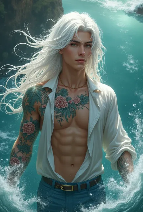 Young handsome boy god of the sea with low-cut shirt floral tattoos and long white hair with sea background setting 