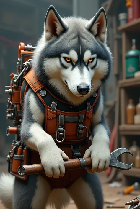 Husky dog with tools in his hand working and a vest on full of tools