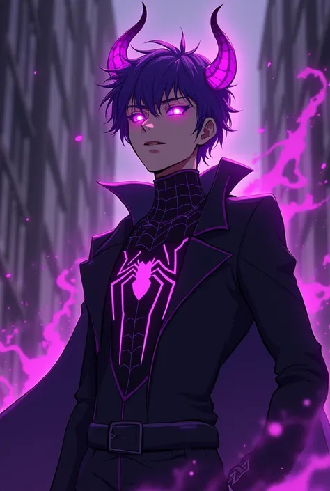 It should be in anime style .  He should have purple devil horns jaben , and be an evil version of Spider-Man .  His clothes should be black and have bright purple details . He should have purple hair , purple glowing eyes.  He should be surrounded by a da...