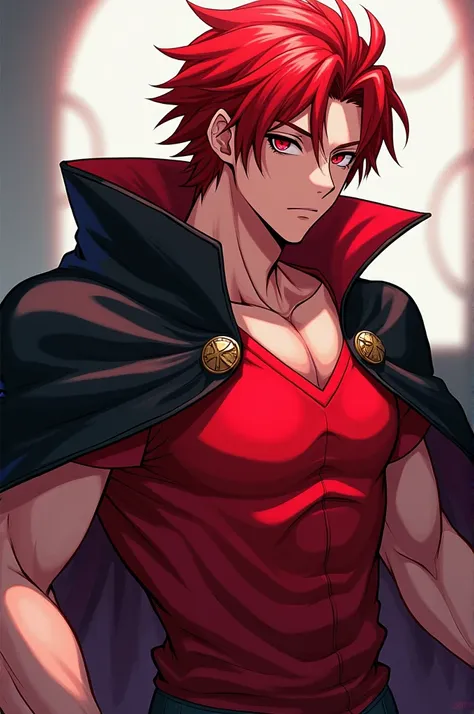 Create a man who is 27 years old in anime style red crimson hair and eyes atheletic physic black cloak and red t shirt open chest and sleeveless 