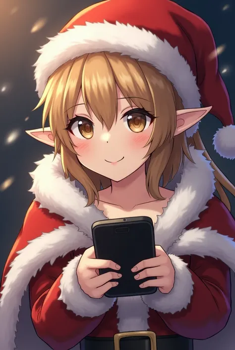 a close up of a person in a santa hat on a cell phone, a pastel by Shingei, pixiv, furry art, furry chest, pov furry art, fluffy chest, thick furry neck and chest fluff, v from devil may cry as an elf, furry anime, sfw version, top rated on pixiv, from ove...