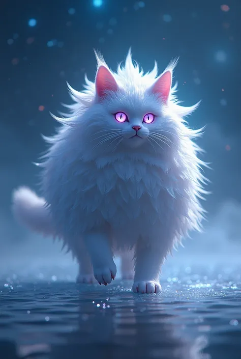  Mystic Cat , huge size, Legendary ,  lunar lake background, violet eyes,  white hair,  leafy fur , similar to Kyubi ,  walking on water 