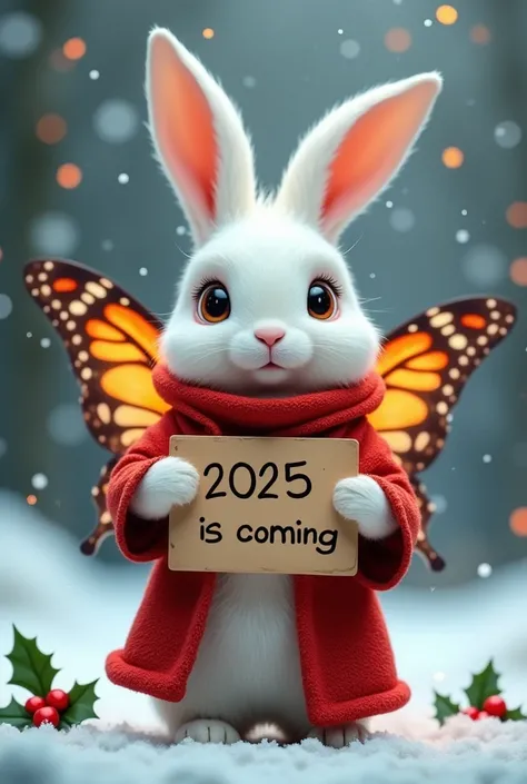 An adorable rabbit with white fur ,  wearing a red robe and holding a sign that reads 2025 is coming.  The rabbit has big ears and glowing eyes ,  and its back is adorned with colorful butterfly wings .  The scene is set in a winter setting ,  with falling...