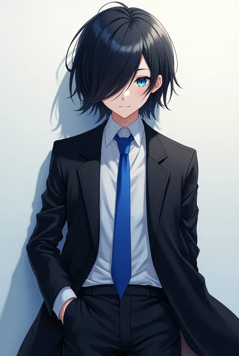 make a anime boy medium long black hair black coat and pant blue tie one eye hide by hairs blue eys character