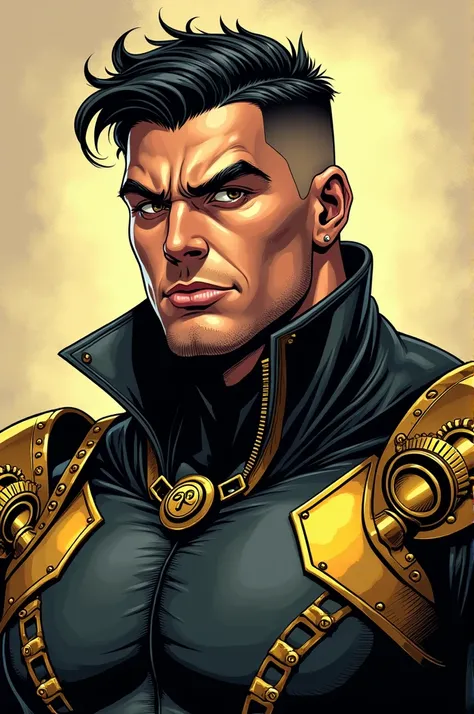 
a close up of a man in a black and gold costume, textless, by Brian Thomas, artgerm and ben lo, official art, steampunk superhero, superhero from the boys tv show, buff man, joe gb fenton, 90s comic book character design, joe biden as a jojo character, co...