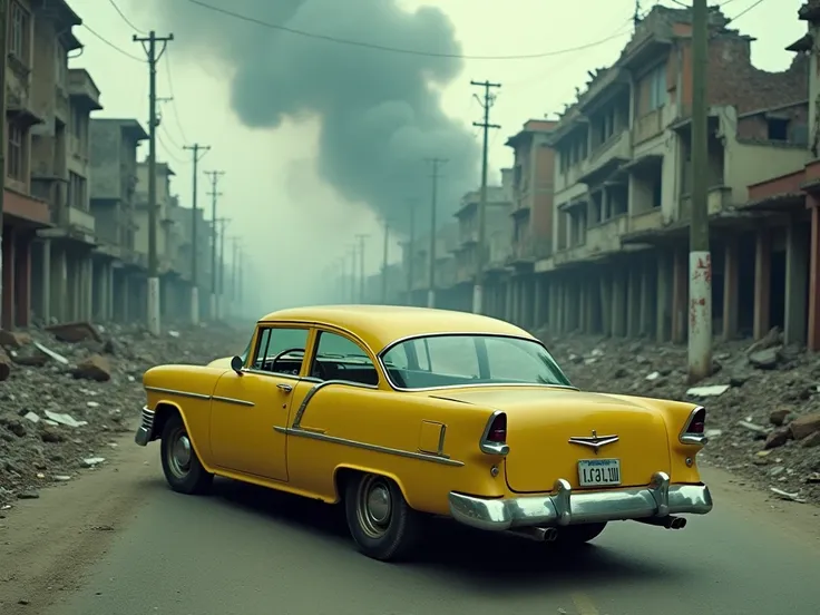 A classic car, bright yellow in color, with tinted windows and an aged appearance, drives through a city in ruins. The streets, deserted and devastated, are filled with collapsed buildings and rubble. The atmosphere is heavy and gray, with the sky full of ...