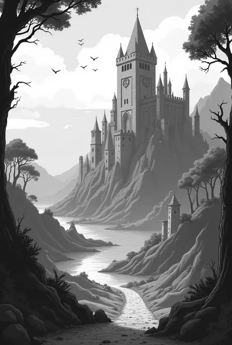 Avalon Island in old black and white cartoon style