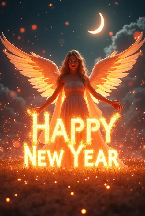 Happy new year written with fires and an angel there 