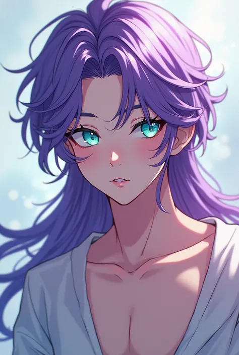 Male. Long purple fluffy hair. Korean. Turquoise coloured eyes. Naked. Manhwa art style. Anime art style . 