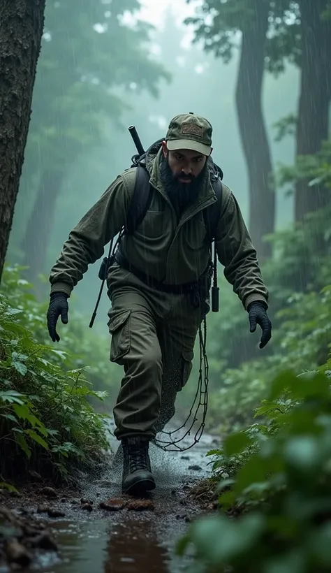 "A hunter slipping on the wet forest floor, his net falling open as he loses balance. The background shows the heavy rain and dense trees, with cinematic motion blur in ultra HD 4K quality."