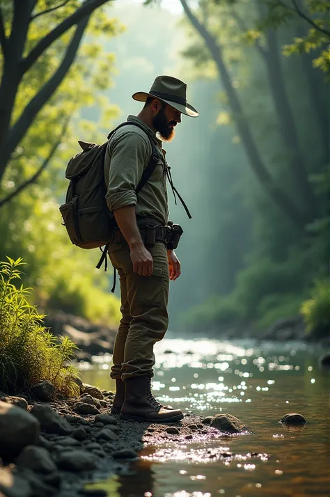 Hunting treasure in forest side river man