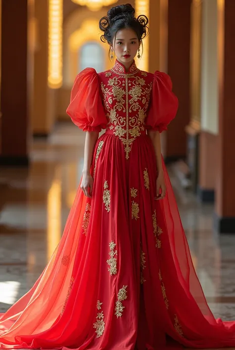 Very chic gala dress for a prom inspired by the 80s and with elements of traditional Korean clothing 