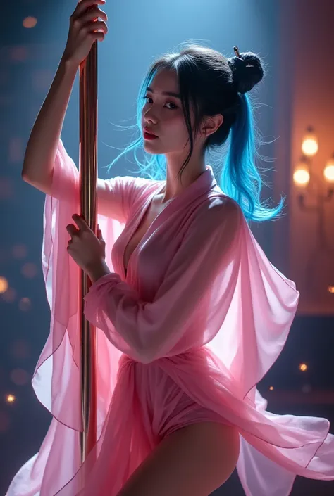 Asian girl with blue highlights on the ends in a pink robe dancing in a pole 