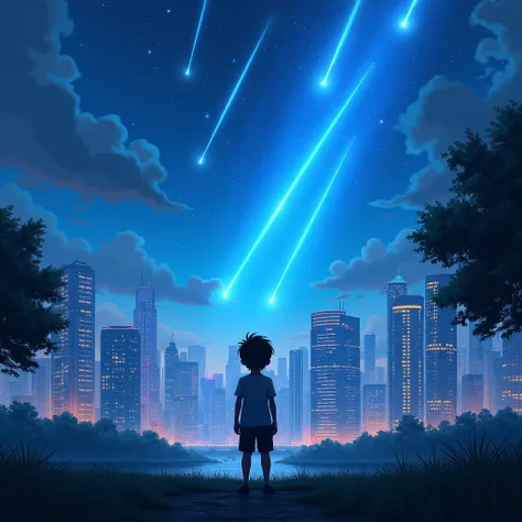 Exterior – Night, Blambangan City
The futuristic city glows with neon lights. Bright blue meteors streak across the sky, creating a spectacular display. In a park, Max, a  boy full of curiosity, watches the meteor shower in awe.