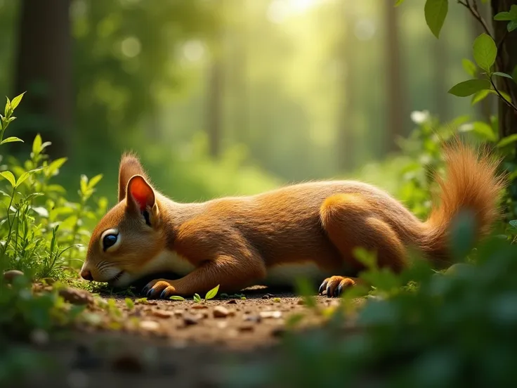 A dead squirrel lies on the ground, remembering the company of nature and they family in its last minutes.