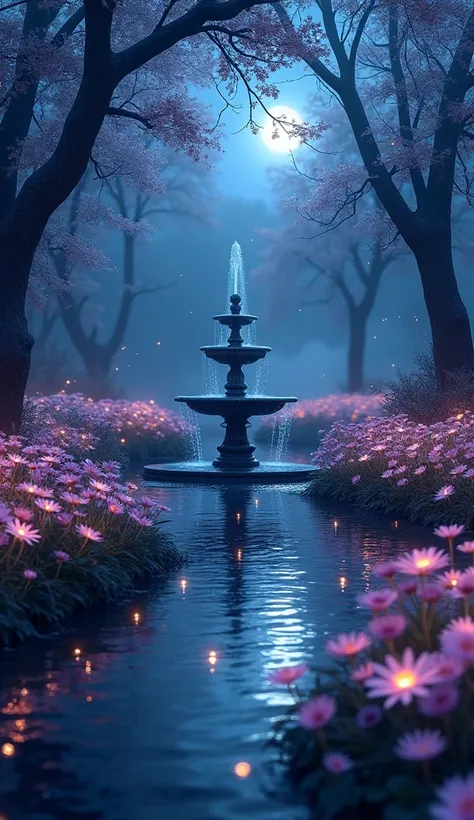 An enchanting midnight garden surrounded by blooming flowers glowing faintly in the dark, lit by fireflies and soft moonlight. A calm fountain sits in the middle, reflecting the shimmering lights. The setting is otherworldly, with shades of blue, lavender,...