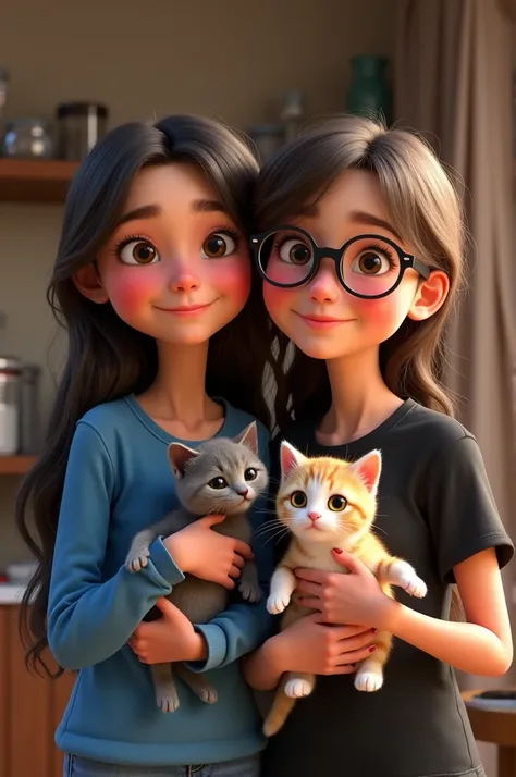  Disney Pixar style poster two girls posing together while holding two small cats.  The person on the left has long, dark hair ,  wears a blue sweatshirt and is holding a gray kitten .  The person on the right wears glasses ,  wears a black t-shirt and is ...