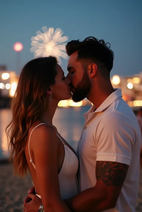 Focus on a couple kissing ,  on a magical evening at Kamari Beach, with sand illuminated by starlight and thousands of fireworks illuminating the sky in celebration of the New Year.In the background,   Santorini filled with people in white shines with its ...