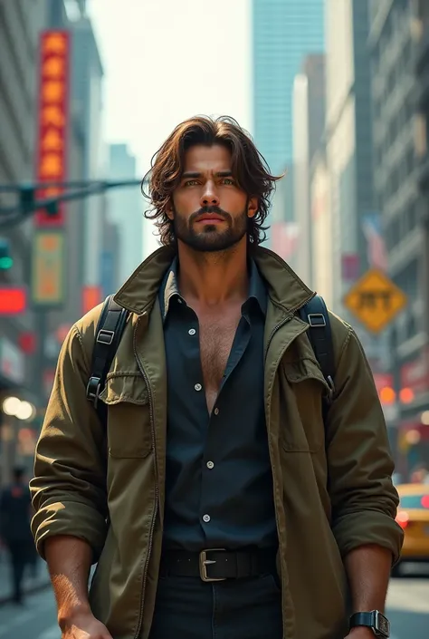 Eurasian tall well built man, facial hair, green eyes, shoulder length brown hair, very tan skin, in the middle of the city