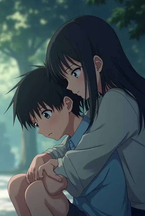 A woman is beside the man in every emotional situation anime


Create an emotional environment where a boy is broken down and a girl is consoling by Patting on his back
A bit more matured boy

Not too much close